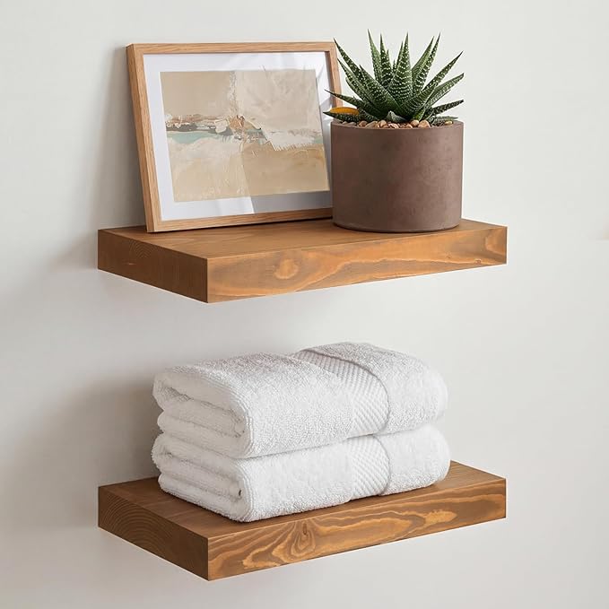 Homeforia 12 inch Golden Oak Floating Shelf, High End Solid Real Wood 12inch Small Floating Shelves for Wall Mounted, Oak Wooden 12in Floating Shelves, Heavy Duty Bracket, 12 X 6.5 X 1.75 in, Set of 3