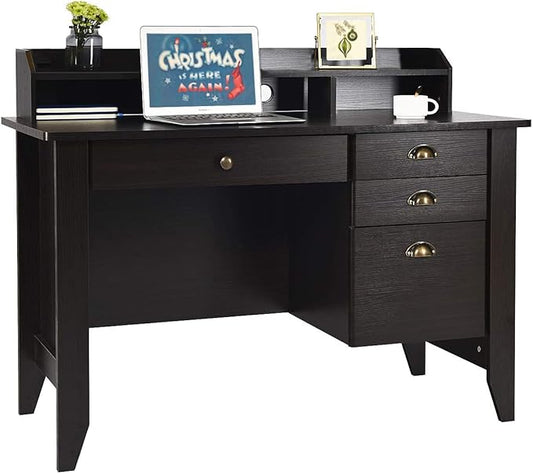 Catrimown Home Office Desk with Drawers and Hutch, Small Computer Desk with File Drawers, Writing Study Teens Student Desk for Bedroom, Student Girls Desks with Storage Shelves, Espresso Brown