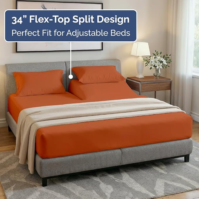Flex Top Split Head King 4 Piece Sheet Set - Ultra-Soft, Breathable & Cooling Bed Sheets Set - Hotel Luxury Bedding for Women & Men with Deep Pockets - Wrinkle and Fade Free - Oeko-Tex - Terracotta
