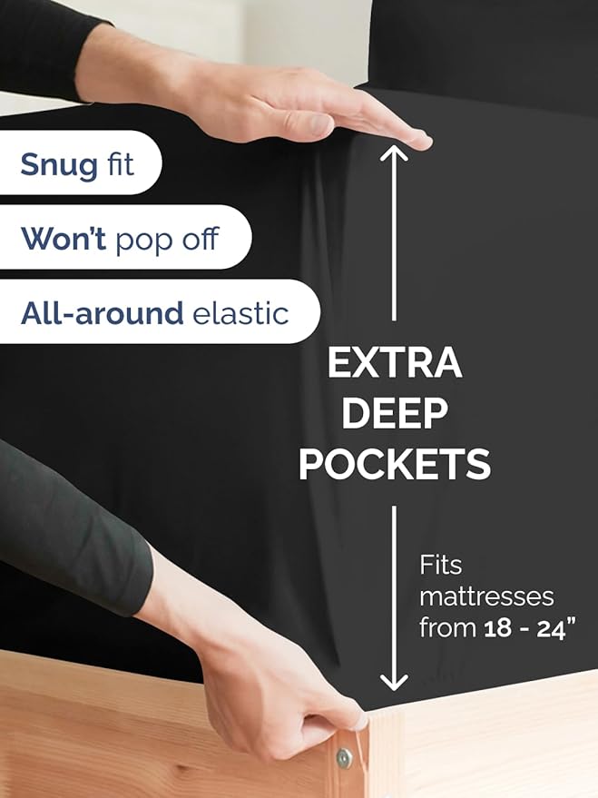 Extra Deep Queen Sheet Set - 6 Piece Breathable and Cooling Sheets - Hotel Luxury Bedding for Women, Men, Kids & Teens - Easy & Secure Fit - Soft, Wrinkle Free and Comfy - Extra Deep Pockets - Black