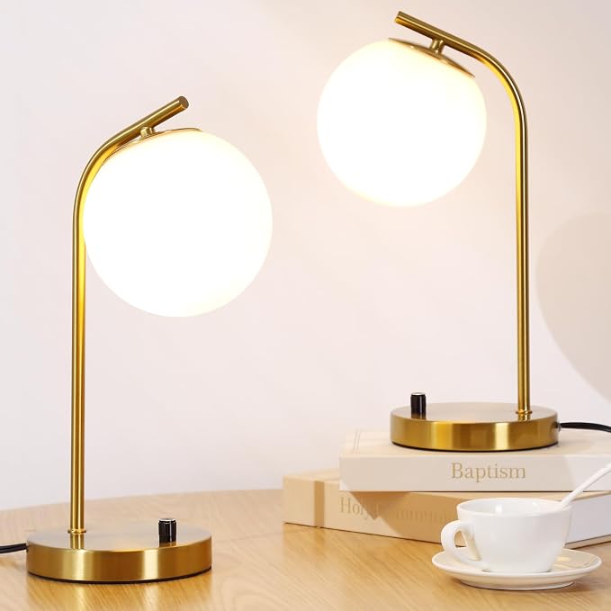 Gold Globe Dimmable Table Lamp Set of 2, Nightstand Lamps Mid Century Modern Desk Lamp with White Glass Shade for Living Room Bedroom, Study Room