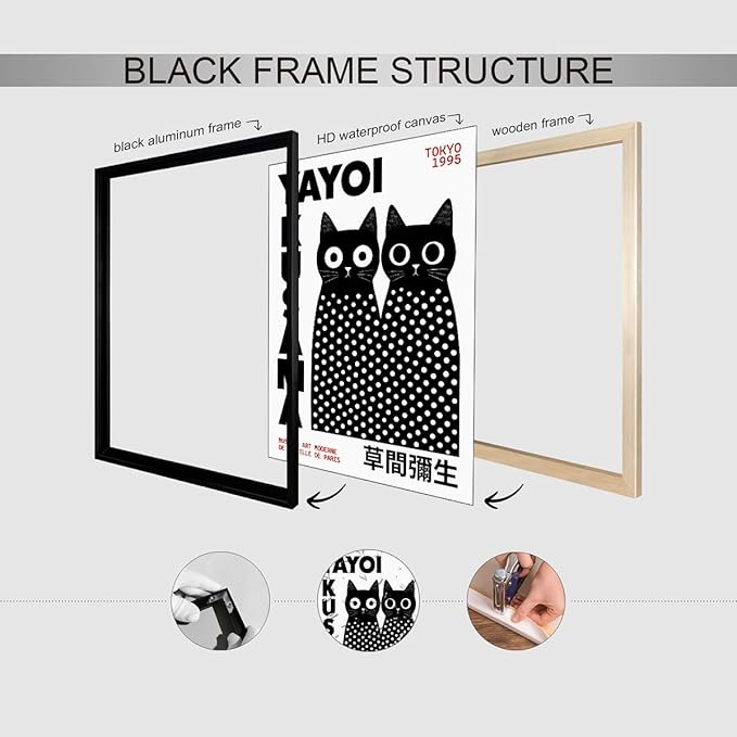 Black and White Cute Abstract Cat Wall Art Japanese Yayoi Kusama Canvas Poster 08x10 inch Black Framed Modern Fashion Minimalist Painting for Living Room Wall Decor Cat Lover Gifts