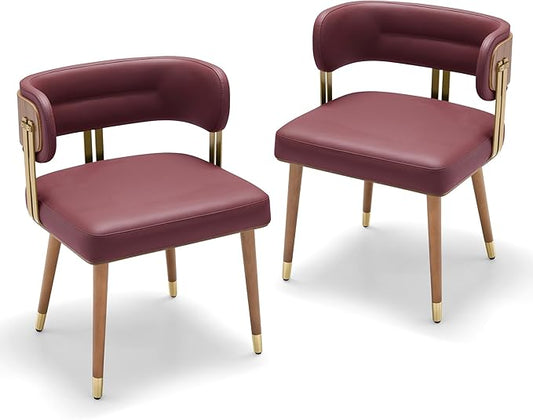 Modern Upholstered Leather Dining Chairs Set of 2 with High-Resilience Foam Cushion, Walnut Wood Veneer&Gold Metal Legs, 22Lx20.5Wx28.3Hin, Anti-Slip Kitchen Chairs for Dining Room,Cherry