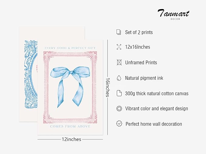 Preppy Bow Wall Art Decor Set of 2 Coquette Canvas Wall Decor Aesthetic Pictures Trendy Girly Wall Art Pink Blue Bow Prints Christian Bible Verse Poster for Bedroom Living Room 12x16 Inch Unframed
