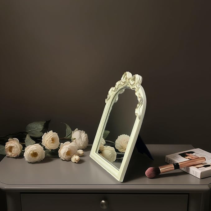 Cream Bow Mirror - 13x10 Inch Elegant Decorative Accent, Wall-Mounted & Tabletop Makeup Mirror for Bedroom Decor