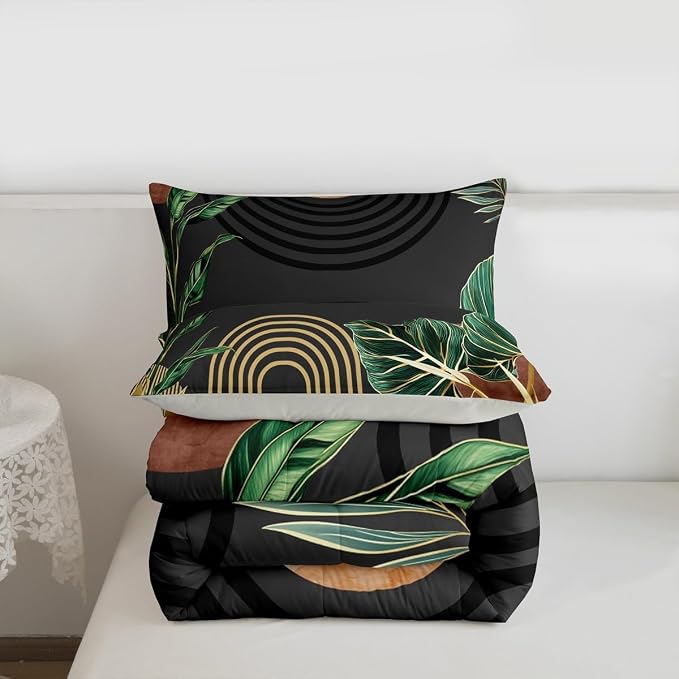 Erosebridal Mid Century Toddler Bedding Set Brown Black Boho Geometric Comforter Set Tropical Modern Palm Leaf Down Comforter for Kids Teens Abstract Bohemian Aesthetic Bed Set Bedroom Decor