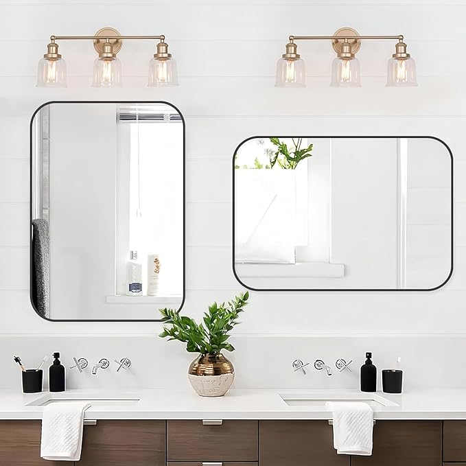 Black Bathroom Mirror, 24x32 Inch Matte Black Mirror, Aluminum Alloy Framed Vanity Mirror, Rounded Rectangle Bathroom Mirror for Over Sink, Anti-Rust Wall Mirror (Horizontally or Vertically)