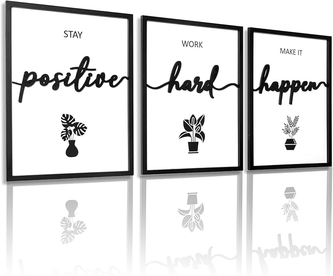 3D Wood Inspirational Wall Art, Framed Motivational Office Wall Decor, Positive Affirmations Wall Decor for Home Office Bedroom Living Room (Ready to Hang, 12x16 Inch, Set of 3, Framed)