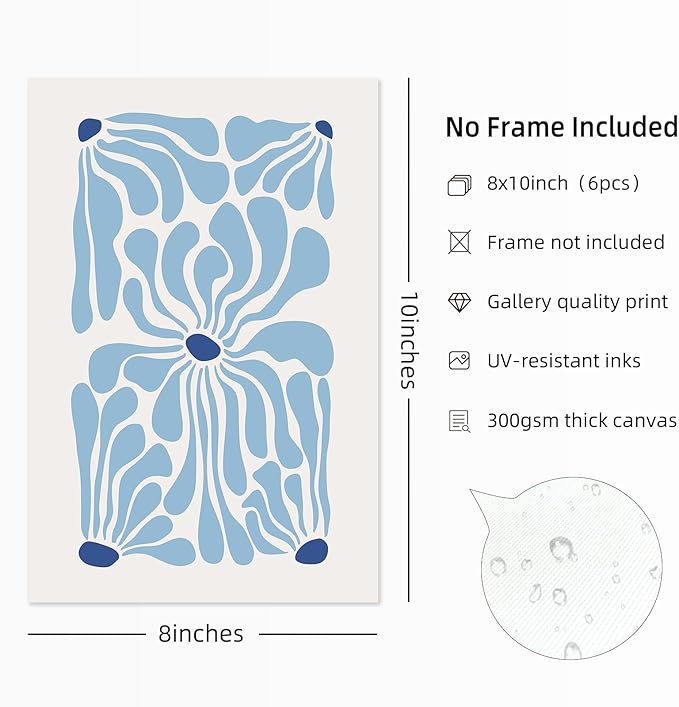 Matisse Flower Wall Art Prints Blue Abstract Wall Decor Aesthetic Canvas Wall Art Picasso Gallery Posters Matisse Preppy Pictures Flower Paintings for Bathroom 8x10 Inch Unframed Set of 6