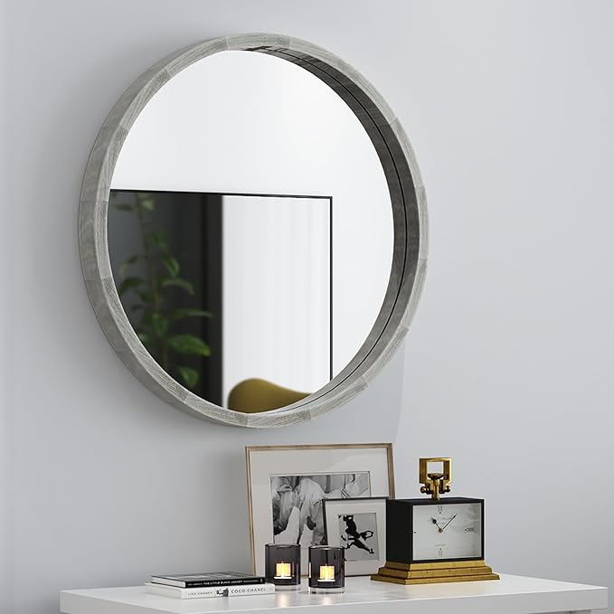 LYYYXGYP Round Wood Gray Mirror 24 X 24 Inch Modern Wall Mounted Mirror Wooden Frame Grey Circle Mirror for Bathroom