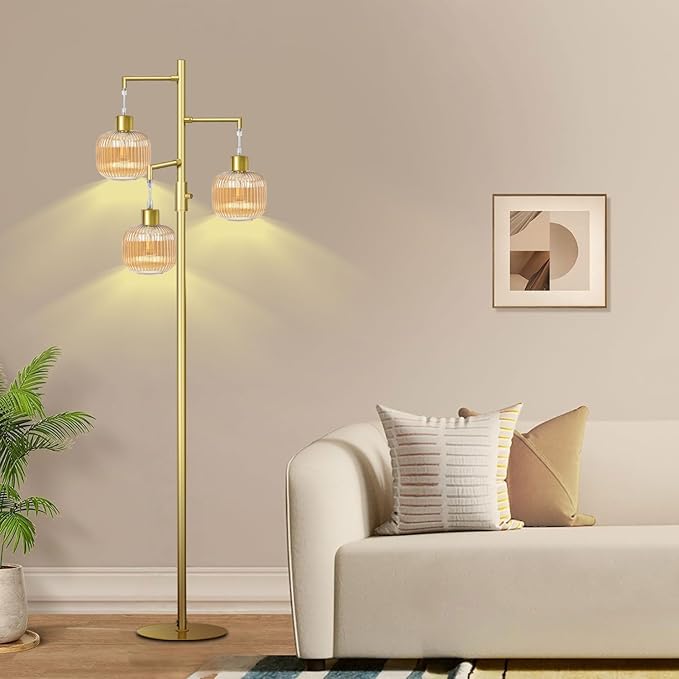 Floor Lamp with Amber Glass Shade, Dimmable Standing Lamp for Living Room, Modern Mid Century 3 Lights Tall Tree Lamp, Rotary Switch, 3 x 6W LED Bulbs Included