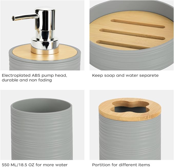 4 PCS Grey Bathroom Accessories Set, Includes a Soap Dispenser, Toothbrush Holder, Soap Dish and Mouthwash Cup, Plastics & Bamboo Bathroom Set, Bohemian Style Bathroom Sink Set