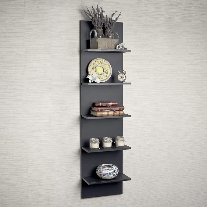 Wide Column Wall Shelf in Black Grain Finish Modern Contemporary MDF Wood Matte