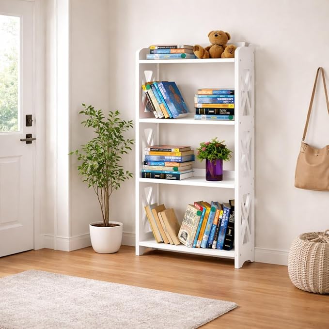 White Bookcase by Natural Wood, 4 Tier Bookshelf, Small Book Shelves Freestanding Display Storage Shelves. Open Bookshelf for Bedroom, Living Room and Office (White, 4 Tier)