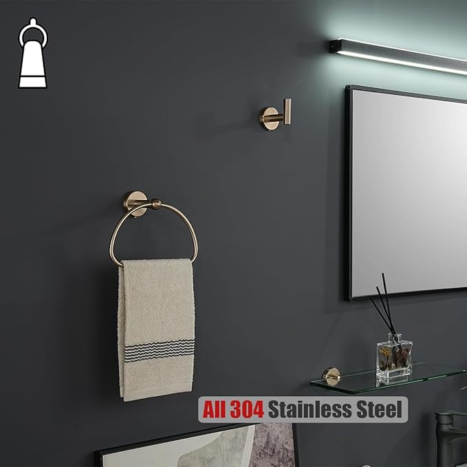 JQK Towel Ring Champagne Bronze, Stainless Steel Half Ring Towel Holder for Bathroom, 7 Inch Wall Mount, TR160-CB