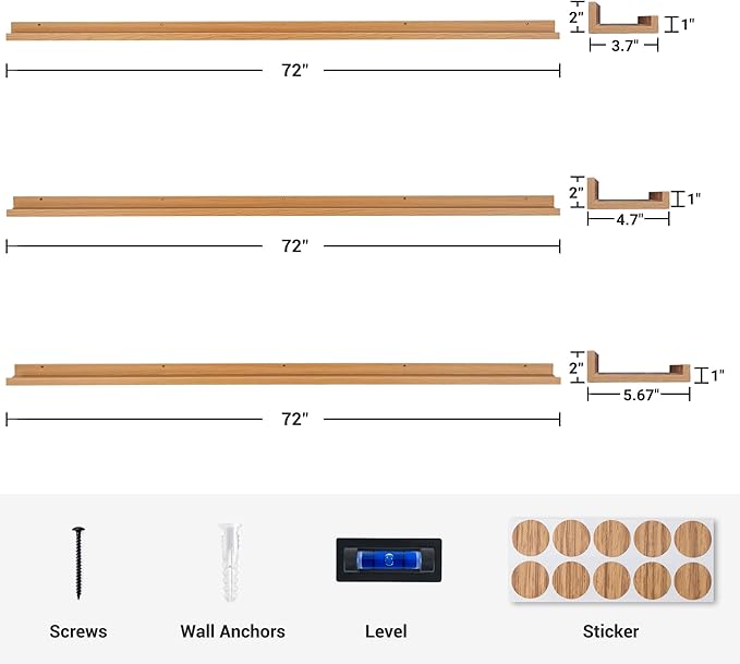 Axeman 72 Inch Floating Shelves | Oak Picture Ledge Shelf Set of 3 | Rustic Wood Wall Shelves with Lip | 72" Oak Picture Shelf for Wall with Ledge | Photo Shelves