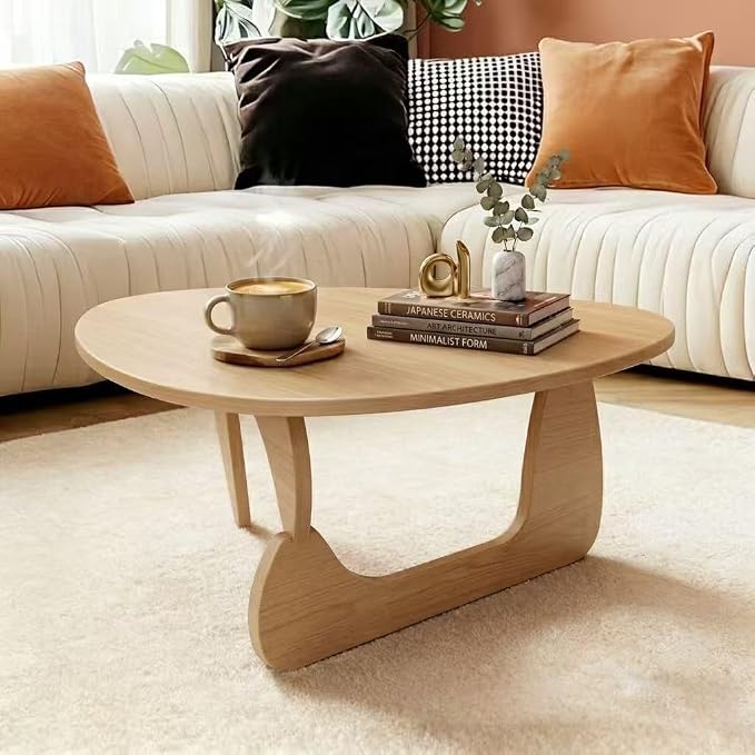 Solid Wood Coffee Table, Mid-Century Modern Triangle Center Table for Living Room, Irregular Natural Wood Tea Table, Fingerprint-Free & Shatterproof, 35.4" L x 22.8" W x 16.5" H