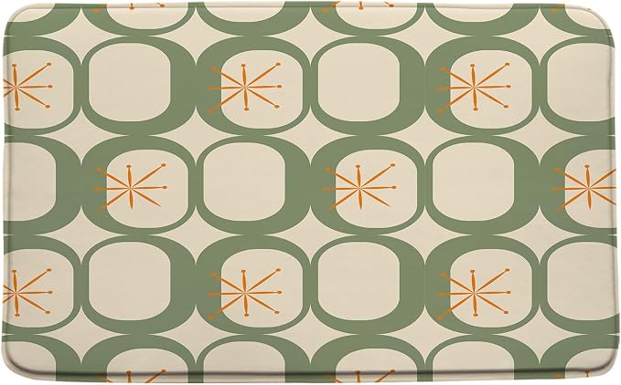 Mid Century Modern Bath Mat Abstract Atomic Geometric Retro 1950s Sage Green Bathroom Kitchen Toilet Rugs,24x60 Inch