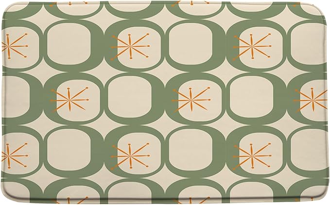 Mid Century Modern Bath Mat Abstract Atomic Geometric Retro 1950s Sage Green Bathroom Kitchen Toilet Rugs,24x36 Inch