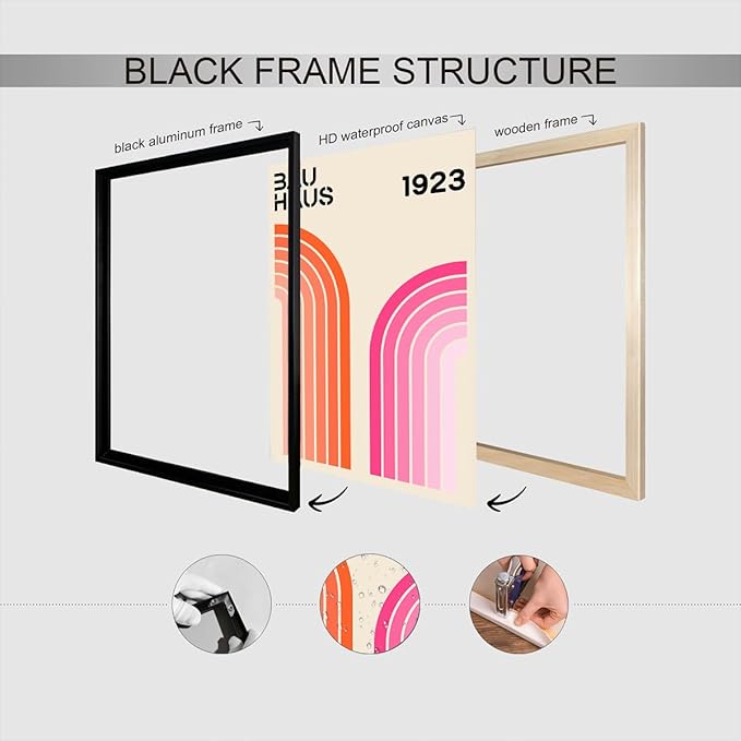 Bau Haus 1923 Retro Geometric Framed Poster Bold Orange And Pink Curved Arcs Canvas Wall Art Minimalist Typography Prints Painting For Home Bedroom Dorm Wall Decor 24x36in Framed