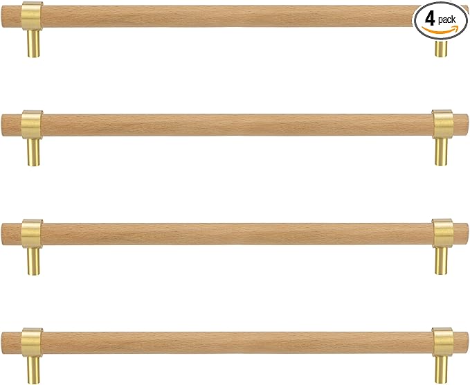 Natural Wood and Brass Kitchen Cabinet Handles 9~11.4 Inch 4Set Center to Center Adjustable Double Hole Modern Dresser Pulls, Unfinished DIY Drawer Knobs
