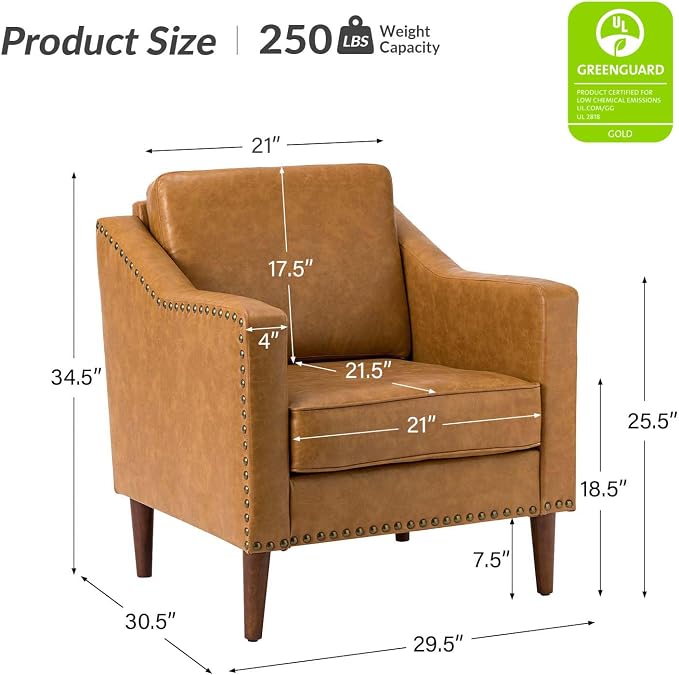 HULALA HOME Faux Leather Accent Armchair with Back & Seat Cushions, Traditional Club Chair with Nailhead Trim, Comfy Upholstered Sofa Chair for Bedroom Living Room, Camel