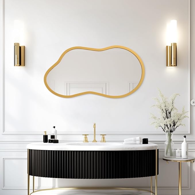 AAZZKANG Large Wall Mirror with Wood Framed 22"x12" Gold Irregular Hanging Mirrors Asymmetrical for Bathroom Bedroom Living Room Entryway