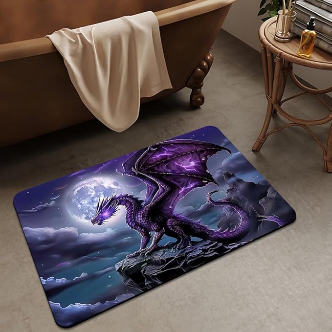 Bath Mat Rug,Majestic Purple Dragon Non Slip Quick Dry Super Absorbent Thin Bathroom Rugs Fit Under Door-Easy to Clean Bathroom Floor Mats-Shower Rug for Shower Sink Bathtub(16" x 24"in)