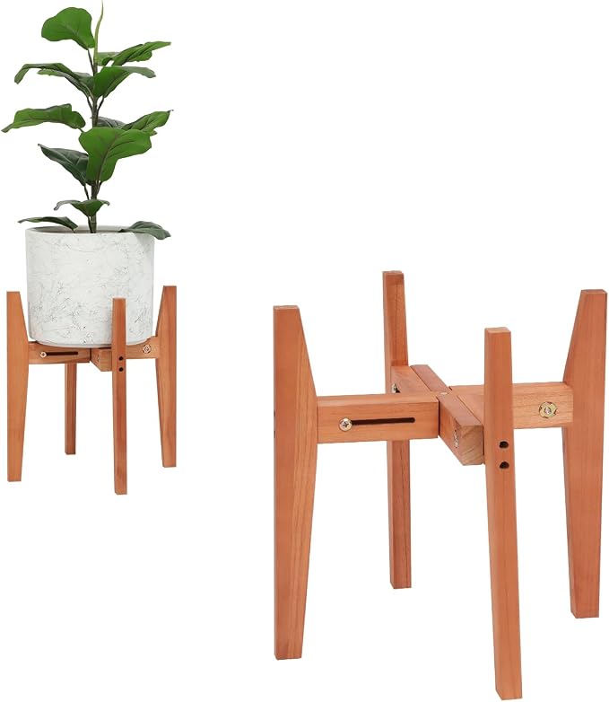 Wooden Adjustable Plant Stand, Mid Century Modern Metal Plant Holder for Indoor & Outdoor, Fits 8 to 15 Inch Planters, Heavy Duty Flower Pot Stand for Living Room, Corner, Patio (Brown,Pot & Plant Not Included)