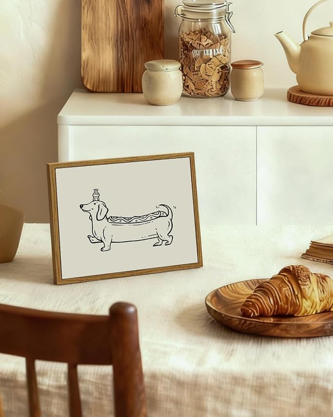 InSimSea Vintage Framed Wall Art Linear Dachshund Puppy Canvas Prints, Amusing Home Decor, Humorous Painting Picture, Kitchen Wall Decor Gifts for Friends or Family - 10L x 8W
