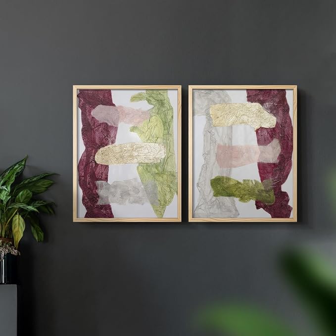 Renditions Gallery Set of 2 Peel & Stick Framed Prints, Abstract Wall Art, Mix Color Dyed Textures Wall Decor, Re-Stickable - Ready to Hang - 8"x10" - NATURAL WOOD Frame LT588