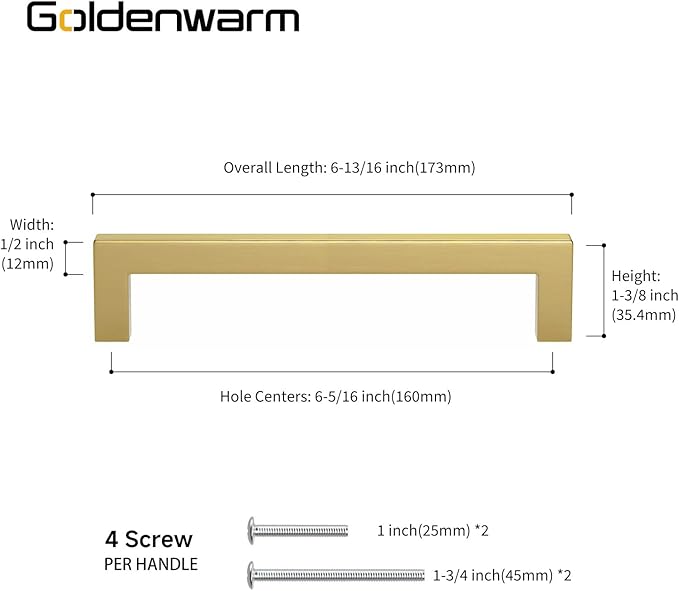 goldenwarm 150 Pack Brass Kitchen Hardware Gold Drawer Pulls Brushed Gold Cabinet Knobs Square T Bar Dresser Drawer Pulls for Cabinets Bathroom Handles 6-1/4" Hole Centers