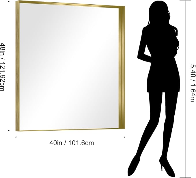 CIRCUMI Gold Bathroom Mirror, 40"x48" Rectangular Mirror with Deep Metal Frame, Brushed Finish, Tempered Glass, Large Mirror for Wall, Over 2 Sinks, Installed Vertically/Horizontally, Crystal-Clear