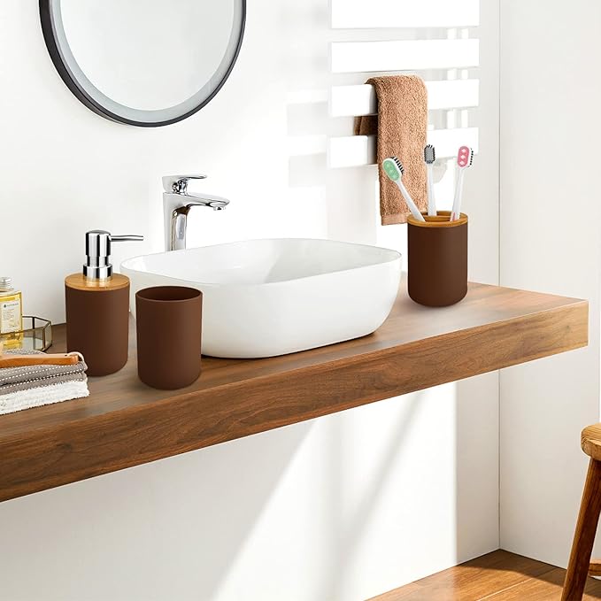 Bathroom Accessory Set, 6 Pcs Bathroom Essential Includes Toothbrush Holder, Toilet Brush with Soap Dispenser, Toothbrush Cup, Soap Dish, Trash Can (Brown, Bamboo)