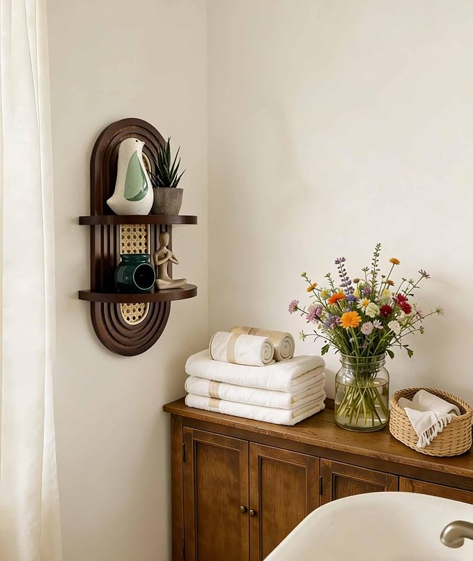 2-Tier Woven Rattan Floating Shelves, Mid-Century Modern Boho Vintage Wooden Wall Decor Plant Shelf for Living Room, Bedroom, Bathroom, Home Office, Ideal for Small Planters & Accents (Walnut)