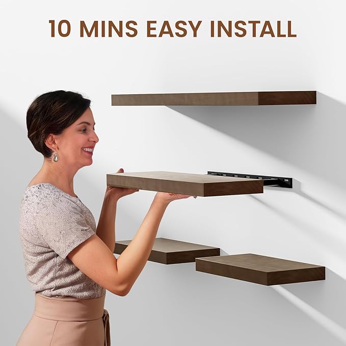 Heimlove 24 Inch Floating Shelves for Wall Walnut Shelves Set of 2,Wall Mounted Rustic Wood 8 Inch Deep Floating Shelf with Invisible Brackets for Bedroom Kitchen Living Room