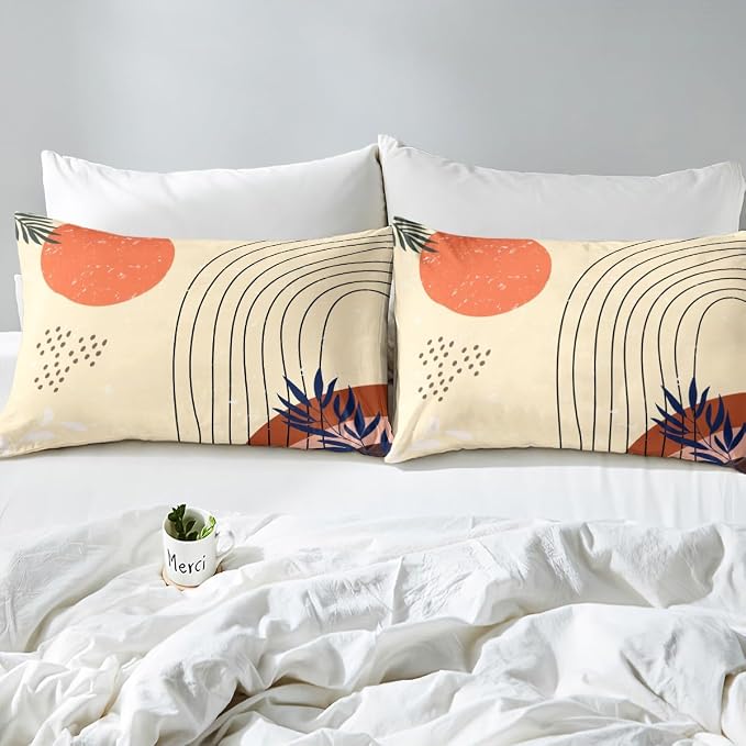 Erosebridal Retro Minimalism Bed Set Hippie Modern Duvet Cover, Mid Century Bedding Set Twin Abstract Art Comforter Cover, Geometric Lines Stripes Bed Cover Red Sun Print Bedroom Decoratives