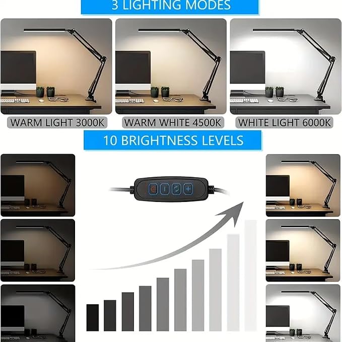 LED Desk Lamp with Eye-Caring 3 Modes 10 Brightness, Adjustable Swing Arm Long Flexible Lamp for Office Workers and Students, USB Port
