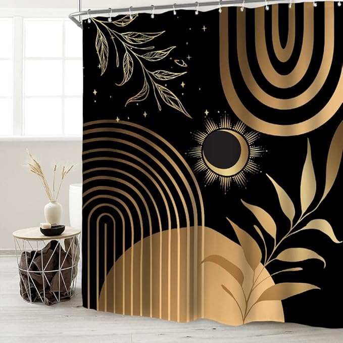 Miyotaa Black Abstract Modern Shower Curtain Set 60Wx71H Inches Minimalist Geometric Plant Leaves Metallic Gold (No Glitter) Polyester Waterproof Cloth Bathroom Curtain with 12 Hooks
