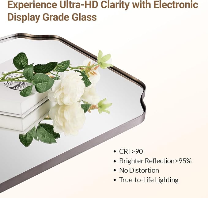 ANDY STAR 24"x30" Brushed Nickel Mirror, Silver Vanity Mirror for Bathroom Sink, Modern Scalloped Mirror in Rustproof Stainless Steel Thin Frame, Unique Rounded Notched Corners, Ideal for Home Remodel