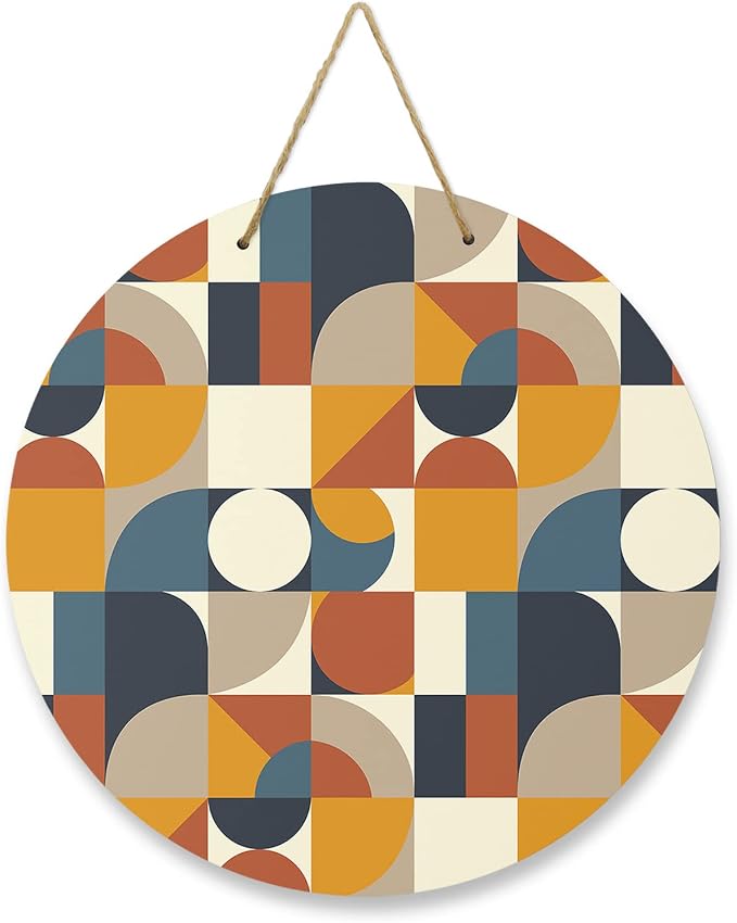 Welcome Sign for Front Door Decor,Modern Vintage Geometric Europen Mid Century Wood Door Hanger for Outdoor Outside Porch,12 Inch Round Wooden Wreath Indoor Wall Hanging Decoration