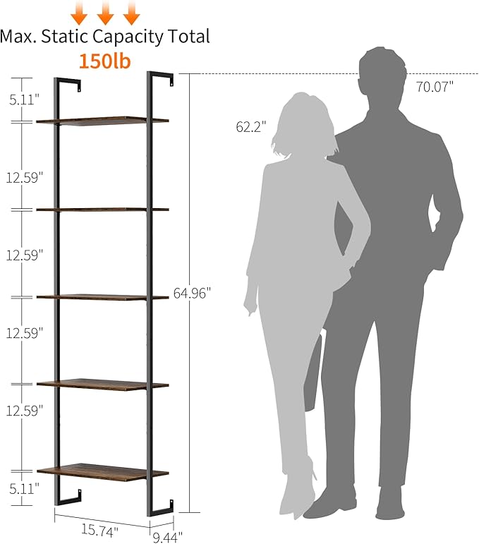 5 Tier Wall Mounted Bookshelf, 15.74" D x 9.44" W x 62.99" H, Narrow Ladder Bookcase with Metal Frame for Home Office, Living Room, Study, Industrial, Brown