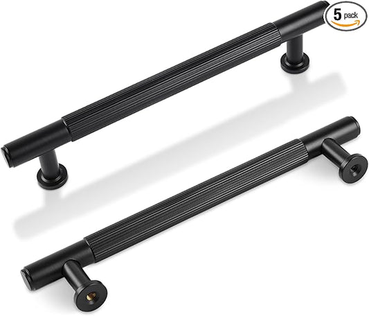 -5 Inch Matt Black Kitchen Cabinet Handles, 5 Pack Solid Brass Drawer Dresser Pulls, Modern Cabinet Hardwares for Bathroom Bedroom Cupboard Wardrobe Closet