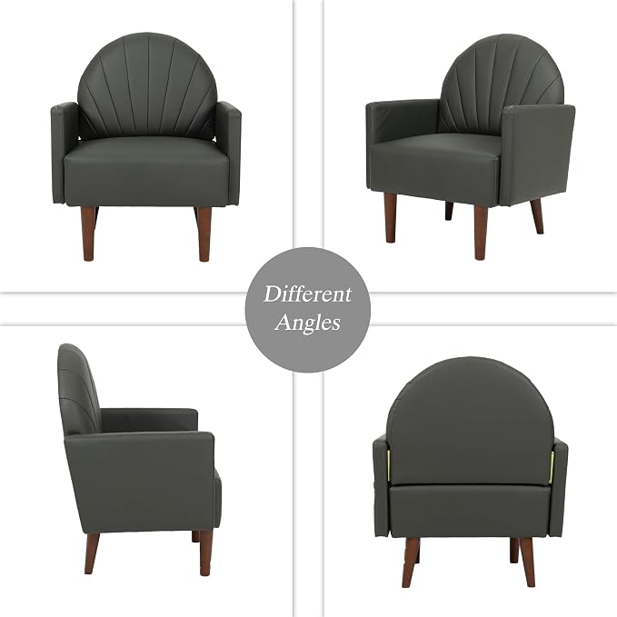 Mid-Century Accent Chair, Faux Leather Armchair - Shell-Shaped Back Waterproof PU Leather Modern Retro Lounge Chair for Living Room, Office, Bedroom & Waiting Room