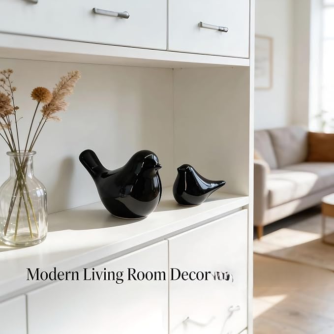 Two-Piece Set of Parent-Child Bird Statues, Modern Home Decor, with Removable Storage Holes, Suitable for bedrooms, Living Rooms, Offices, and Fireplace Mantel Decorations. (Black)