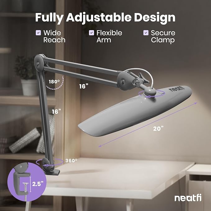Neatfi XL Nail Desk Lamp with Clamp, 2200 Lumens, 20-Inch Wide Head, Dimmable 4 Levels, 6500K, LED Task Light for Manicure Table, Crafts, Workbench, Office (Non-CCT, Silver)