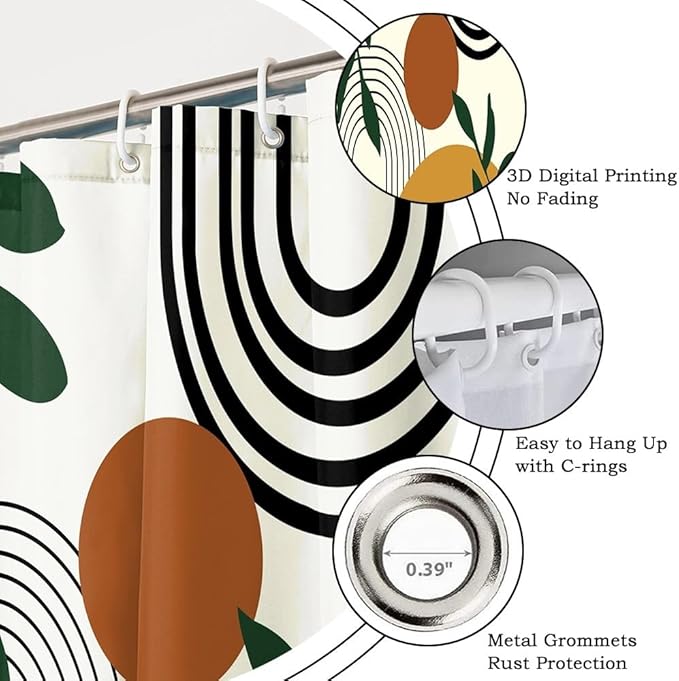 Boho Mid Century Shower Curtains for Bathroom Abstract Minimalist Bathroom Set Decor Stripes Palm Leaves Chic Aesthetic Bathtub Curtains Washable Waterproof Polyester Fabric with Hooks 48x72 Inch