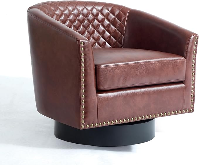 UIXE Faux Leather Swivel Accent Chairs Set of 2, Upholstered Barrel Club Chair for Living Room, Round Armchair Comfy Single Sofa Bedroom Reading Seat - Red Brown