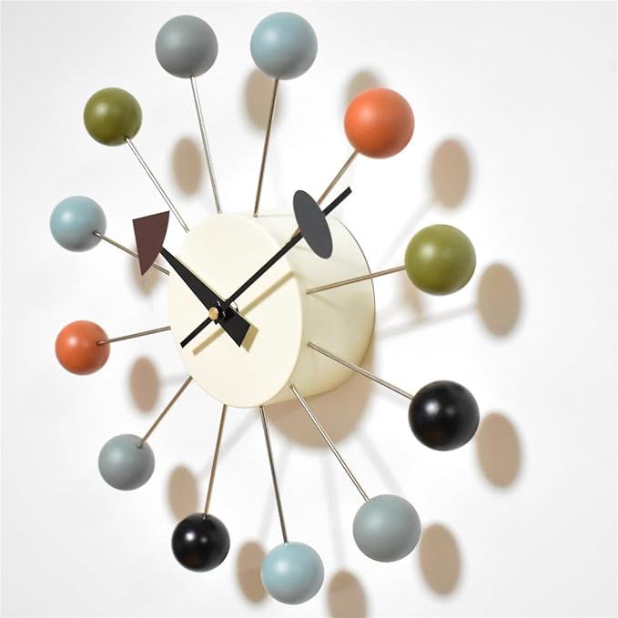 Wood Ball Wall Clock Mid Century Modern Silent Non Ticking Battery Operated 13 Inch Decorative Pop Color Quartz Clocks for Living Room Office Kitchen