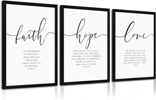 Bible Verses Wall Decor 3 Pieces Scripture Quotes Canvas Wall Art Faith Hope Love Scripture Posters Prints Christian Artwork Pictures for Living Room Bedroom Decoration 12x16 Inch Black Framed